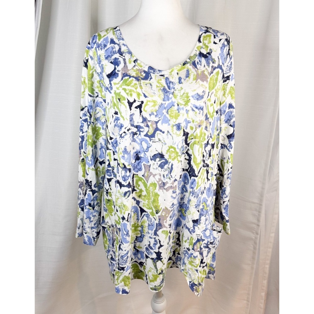 Habitat Women's XL Lagenlook Floral Cotton Tunic Top 3/4 Sleeve Pockets EUC